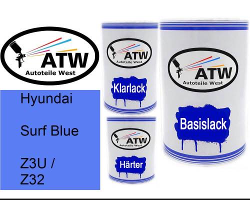 Hyundai, Surf Blue, Z3U / Z32: 500ml Lackdose + 500ml Klarlack + 250ml Härter - Set, von ATW Autoteile West.